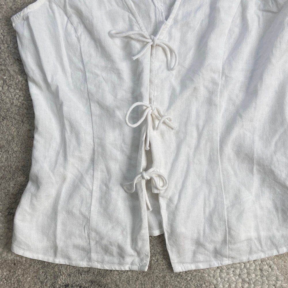 White Tie Front Linen Blend Tank Top - Picture 3 of 10